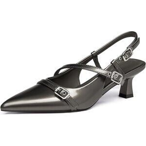 Women's Grey Slingback Kitten Heels Low Heel Closed Pointed Toe Pumps Buckle